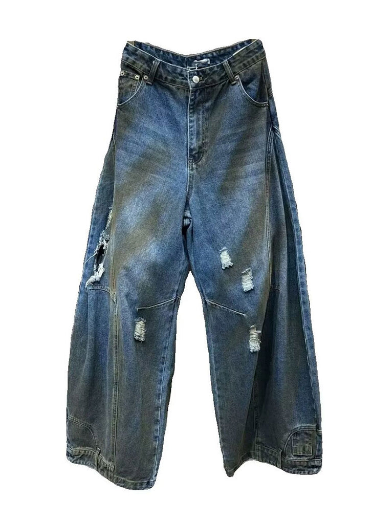 Denim Blue Pockets Patchwork Pants Summer