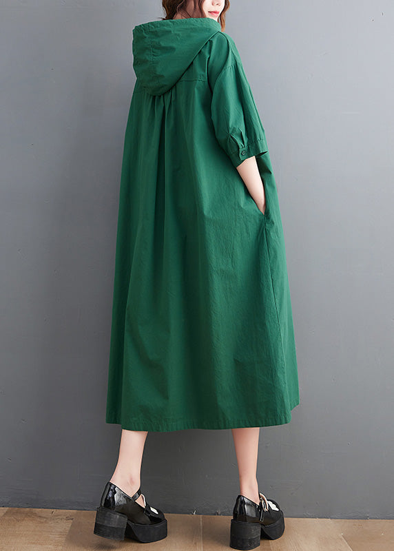 Green Button Neck Tie Cotton Hooded Long Dress Summer