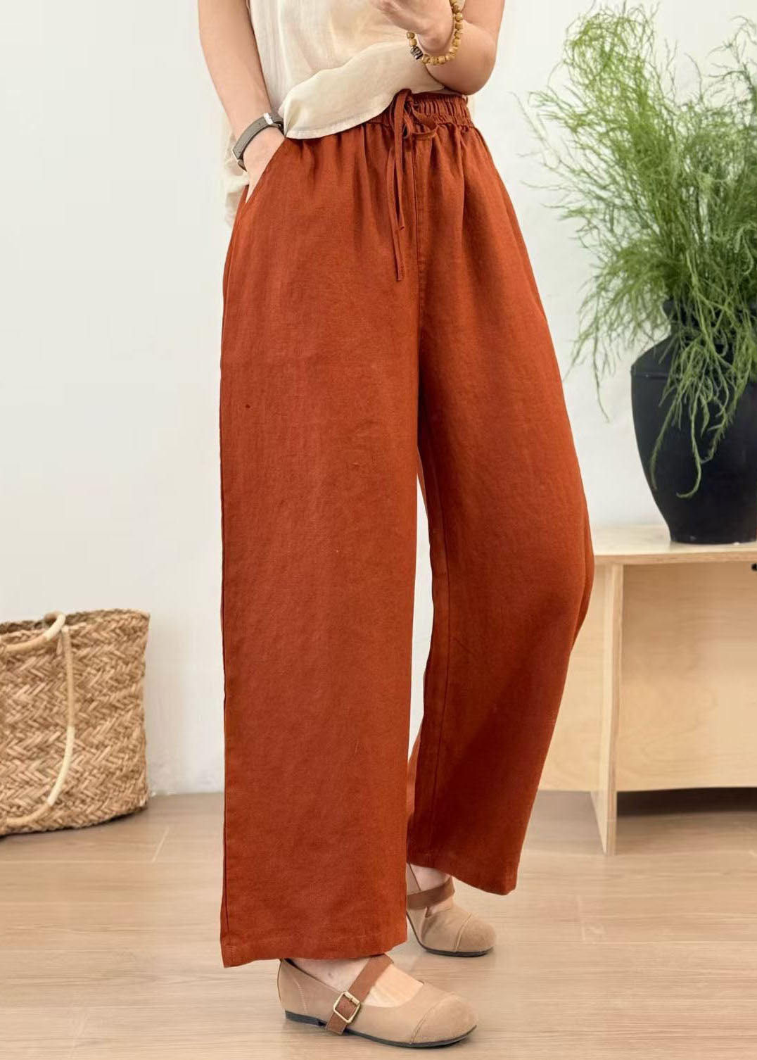 Green Elastic Waist Linen Straight Pants Summer