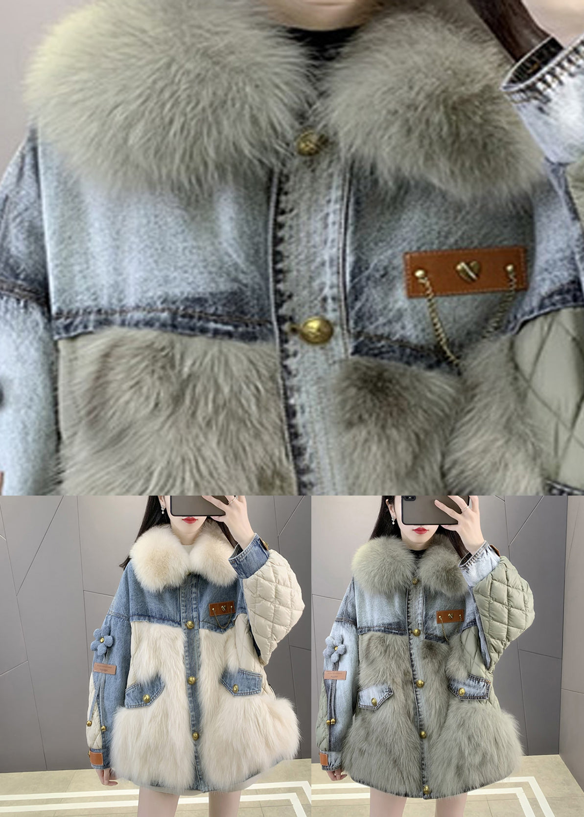 Green Fox Collar Denim Patchwork Button Down Coats Winter