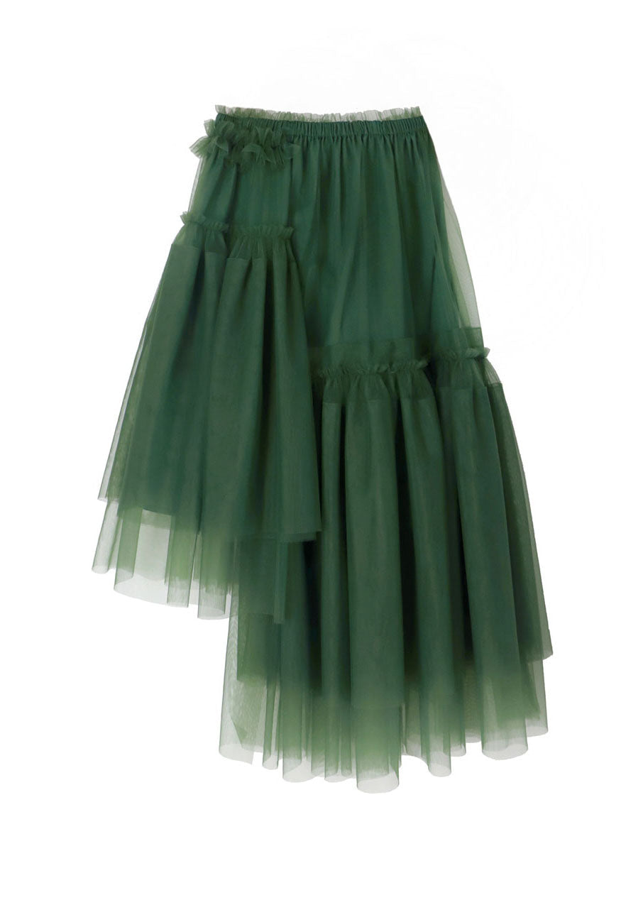 Green High Waist Asymmetrical Patchwork Tulle Pleated Skirt Summer