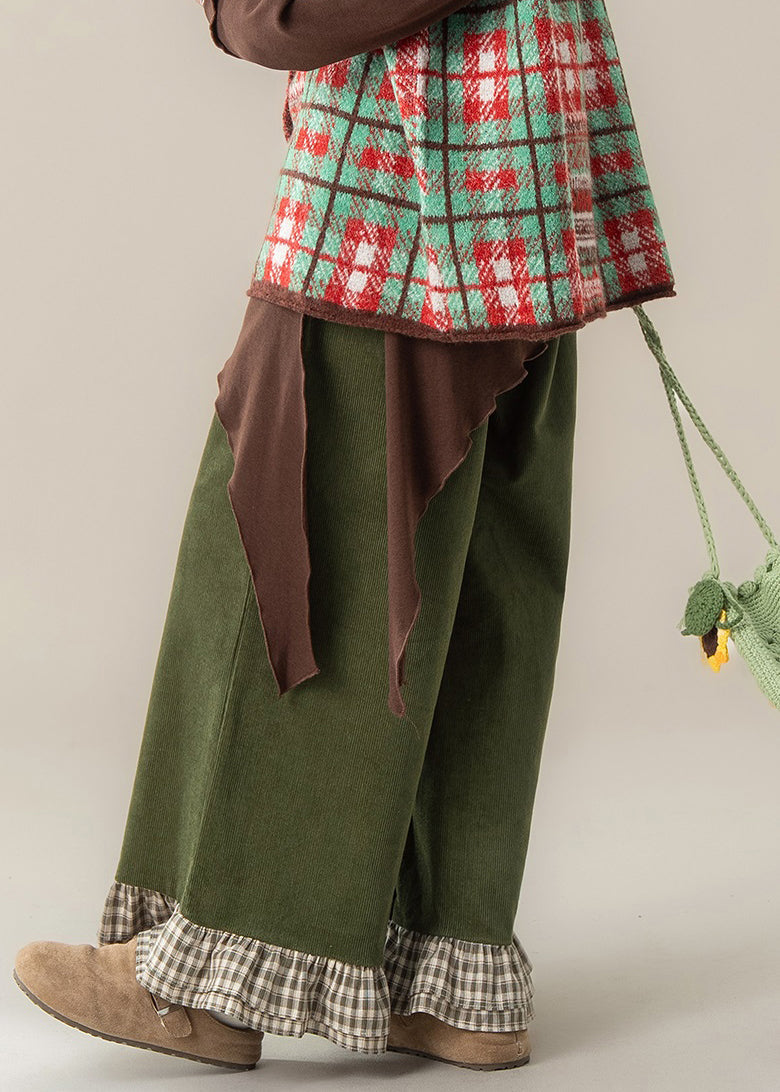 Green Ruffled Patchwork High Waist Wide Leg Pants