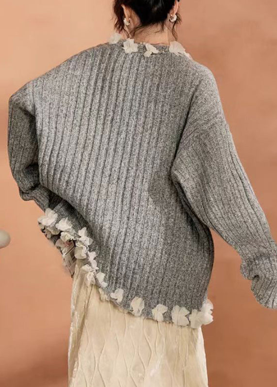 Grey Button Tulle Patchwork Cotton Knit Cardigan Spring