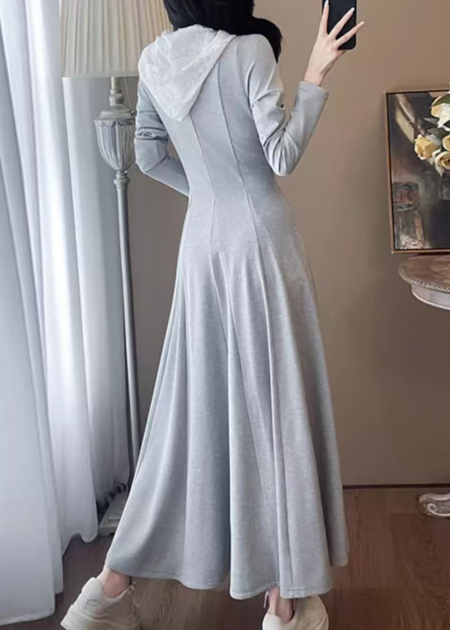 Grey Hooded Patchwork Cotton Long Dress Spring