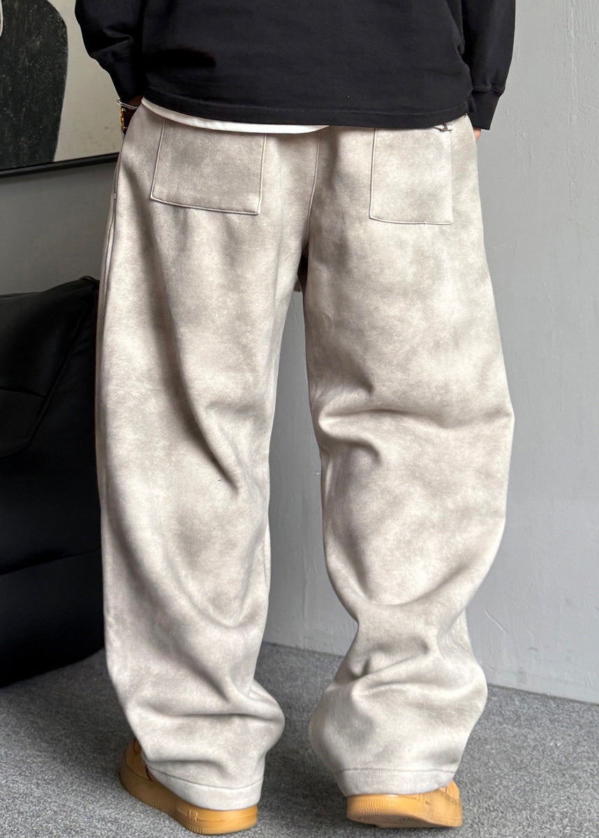 Grey Pockets Elastic Waist Warm Fleece Pants Spring