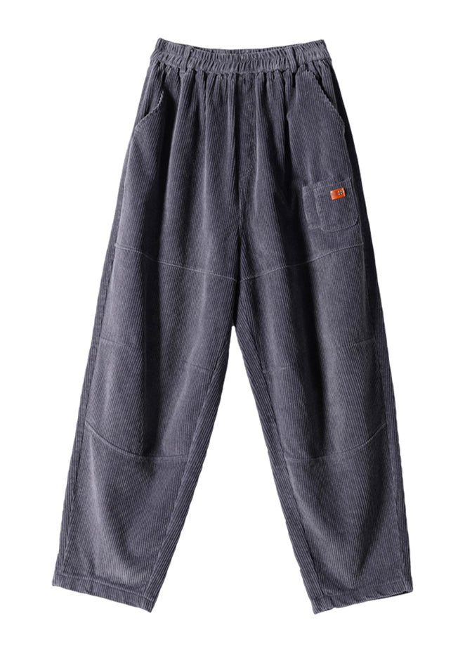Grey Pockets Patchwork Elastic Waist Corduroy Pants Fall