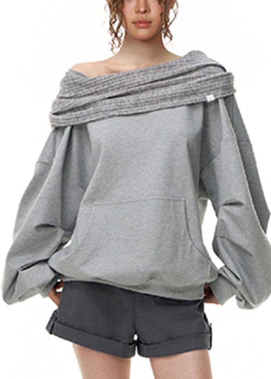 Casual Grey Slash Neck Pockets Sweatshirts Lantern Sleeve