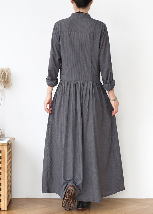Grey Stand Collar Striped Cotton Shirts Dress Spring