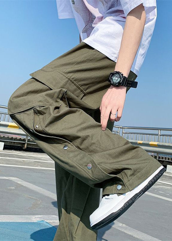 Khaki Button Pockets Cotton Pants Summer