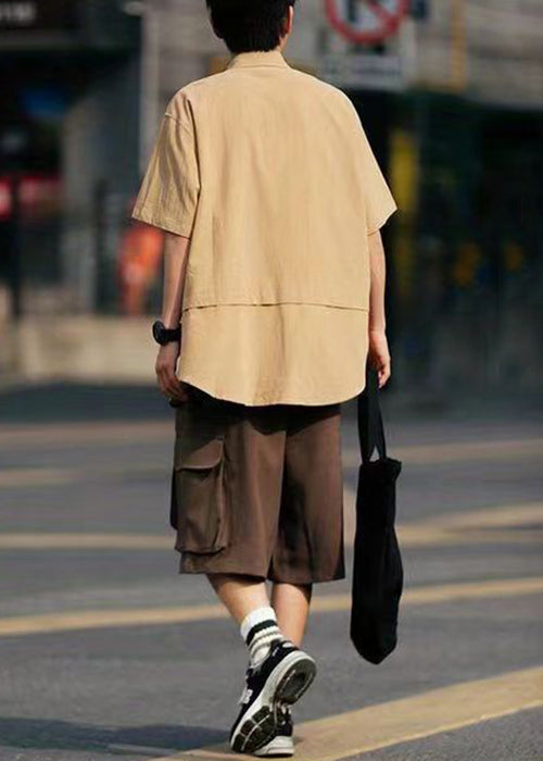 Khaki Button Shirts and Coffee Shorts Cotton Two Pieces Set Summer