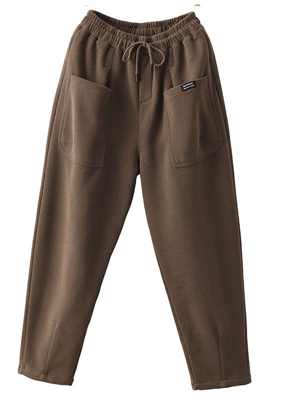 Khaki Elastic Waist Drawstring Pockets Warm Fleece Pants Winter