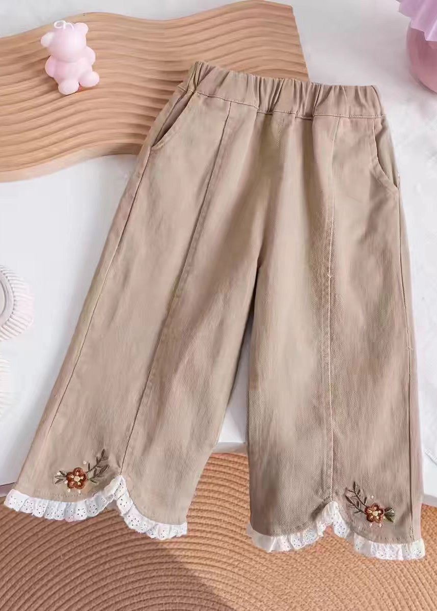 Khaki Embroideried Elastic Waist Kids Pants