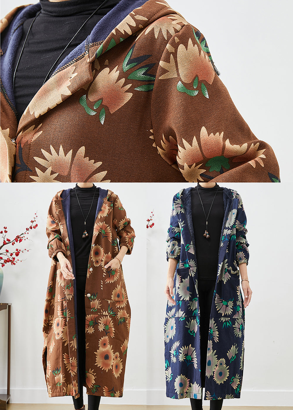 Khaki Hooded Print Warm Fleece Coats Winter