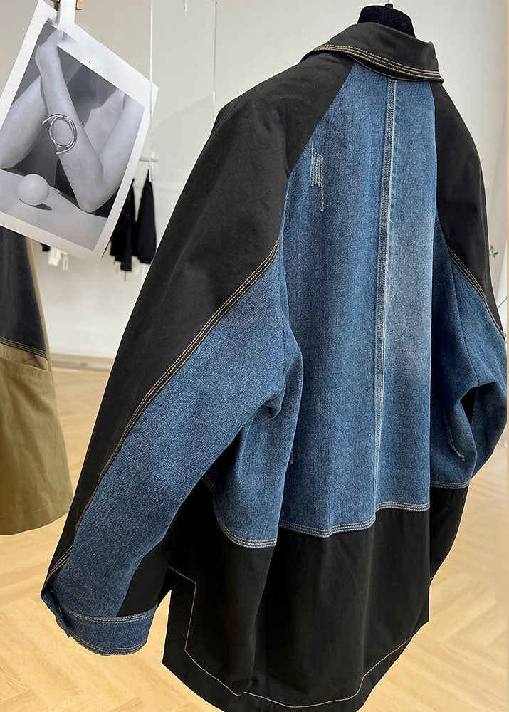 Khaki Notched Pockets Patchwork Button Coat Long Sleeve