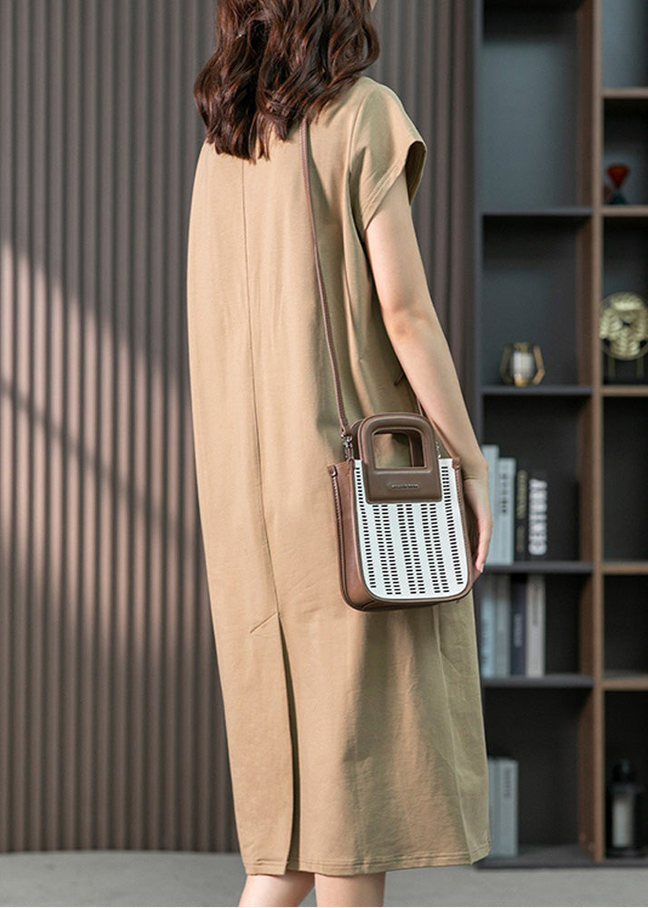 Khaki O-neck Embroideried Cozy Cotton Maxi Dresses Short Sleeve