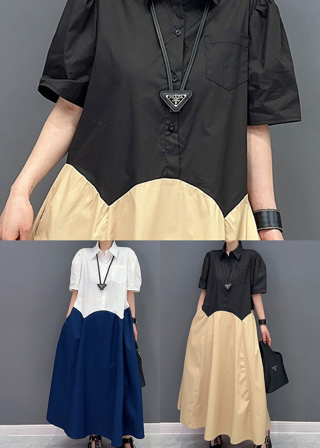 Khaki Peter Pan Collar Patchwork Cotton Maxi Dress Summer