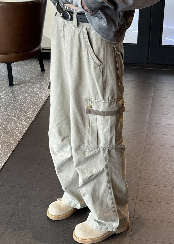 Khaki Pockets High Waist Denim Pants Spring