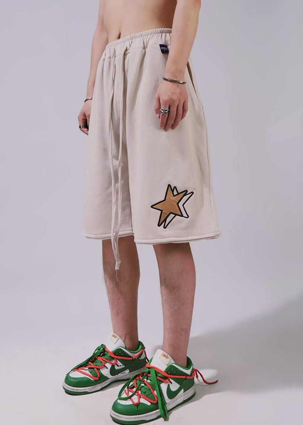 Khaki Print Elastic Waist Cotton Shorts Summer