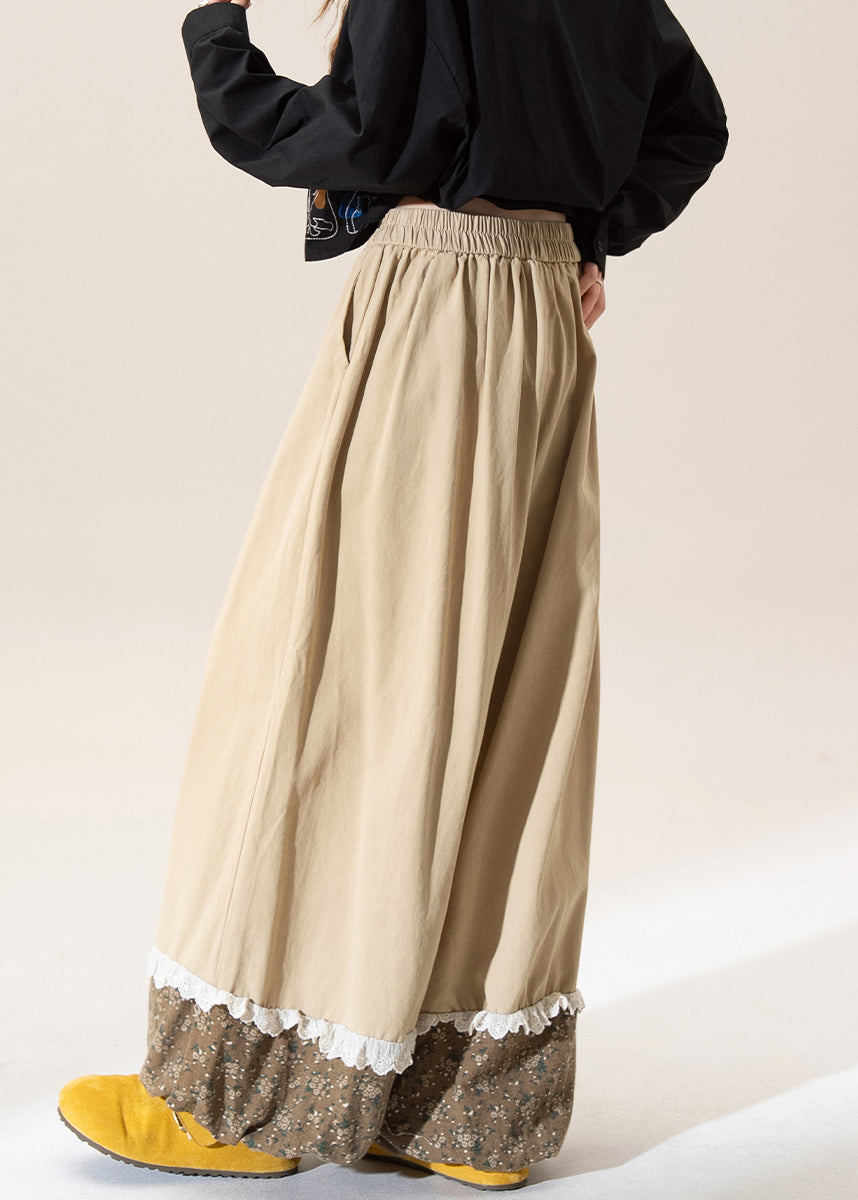 Khaki Print Patchwork Elastic Waist Cotton Pants Spring