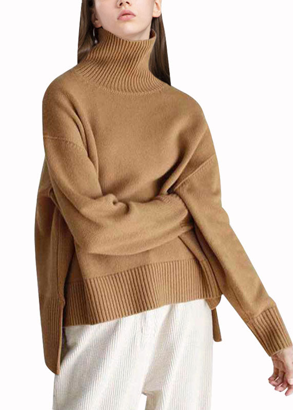 Khaki Turtle Neck Low High Design Cozy Wool Knit Pullover Winter