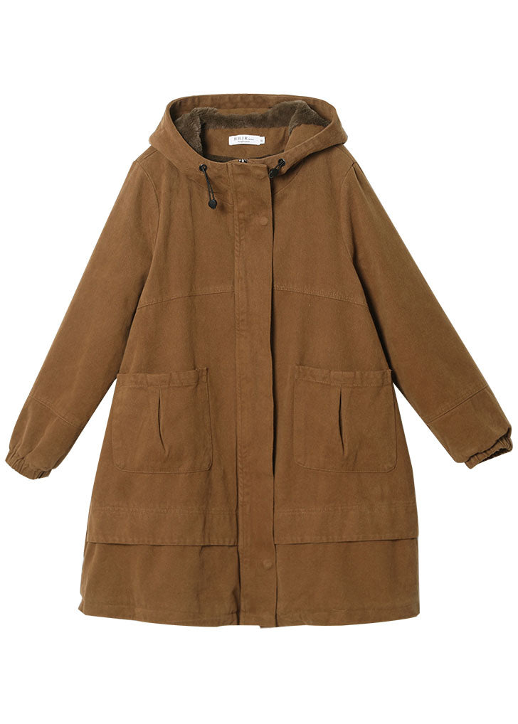 Khaki Drawstring Pockets Cotton Filled Parka Winter