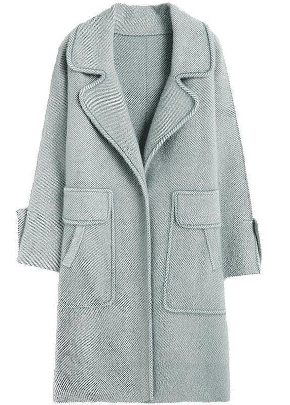 Light Blue Lapel Pockets Thick Woolen Trench Fall