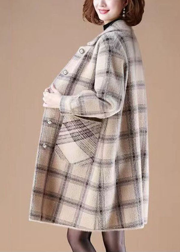 Light Camel Peter Pan Collar Pockets Plaid Mink Hair Knitted Coats Winter