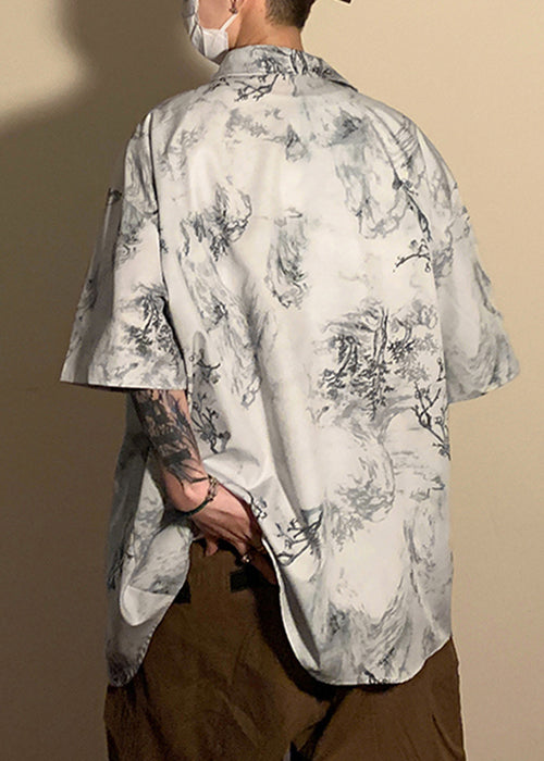 Light Grey Button Print Pockets Ice Silk Shirt Half Sleeve