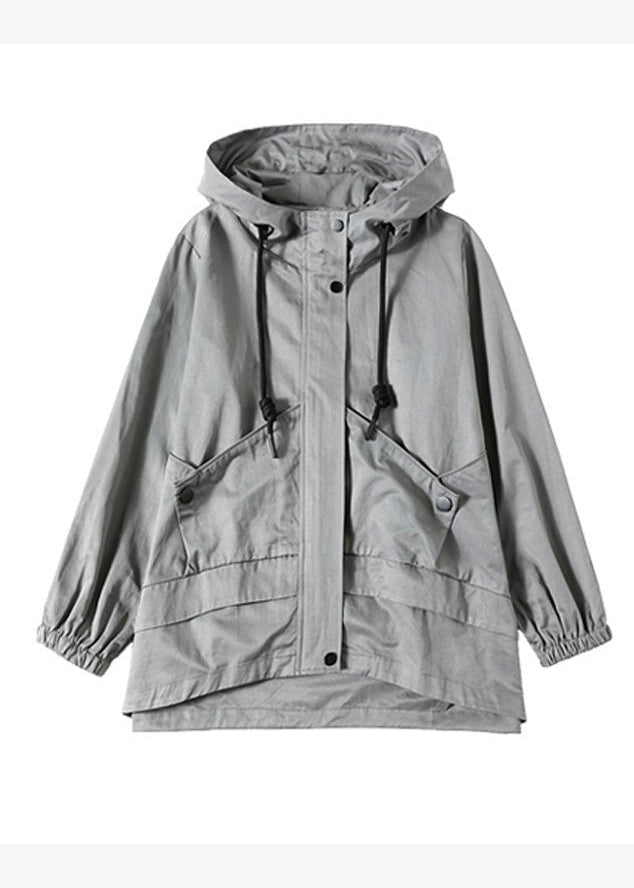 Loose Grey Pockets Patchwork Cotton Hooded Coat Fall