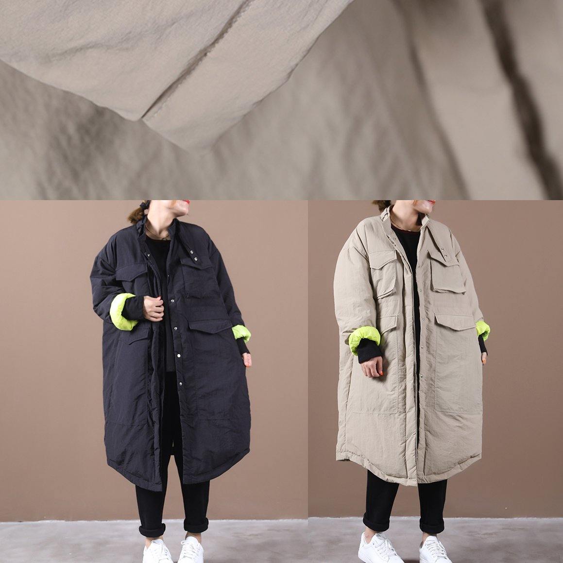 Loose Fitting Parka Pockets Black Stand Collar Asymmetric Warm Coat