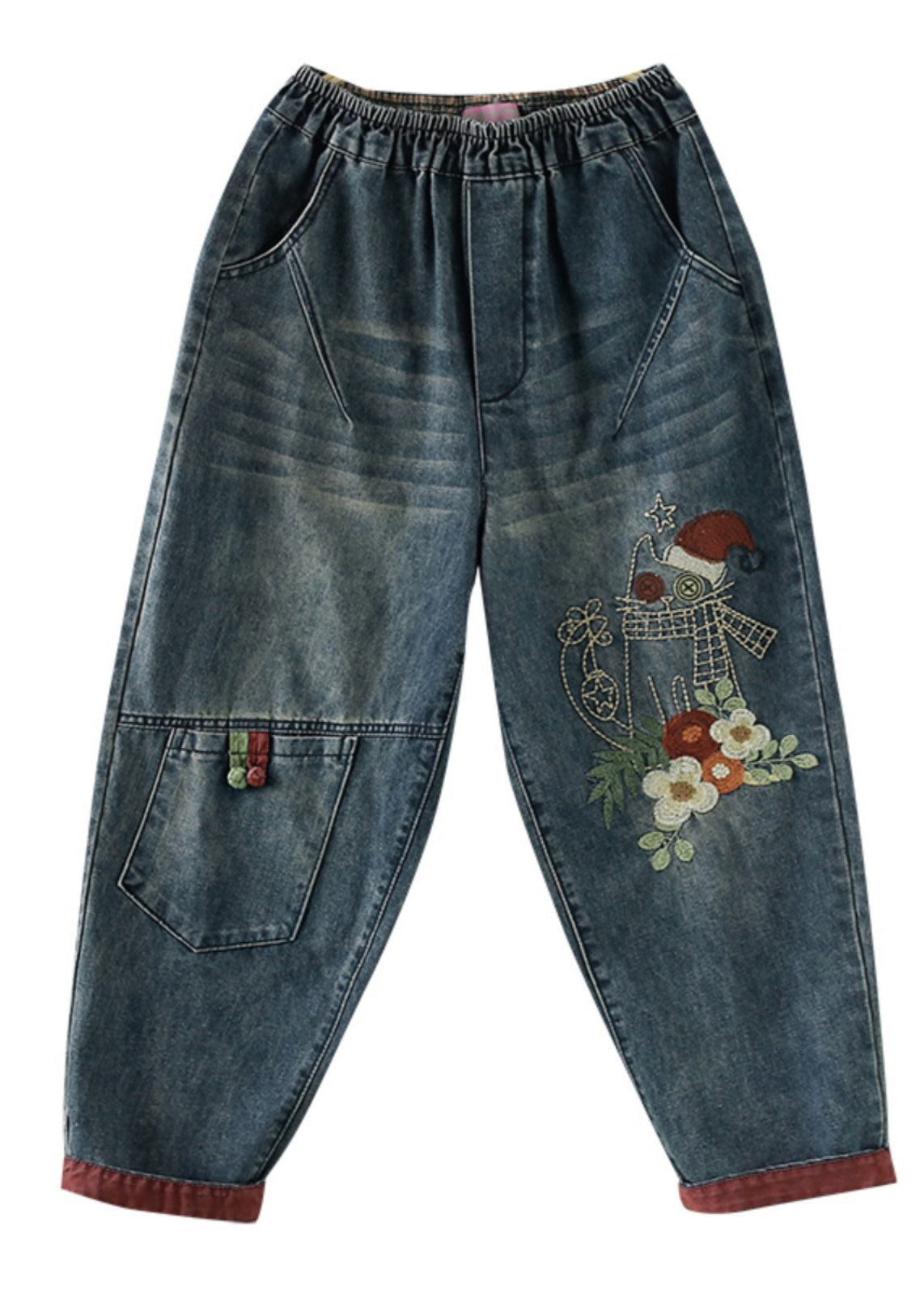 Navy Embroidered Patchwork Denim Pants Spring