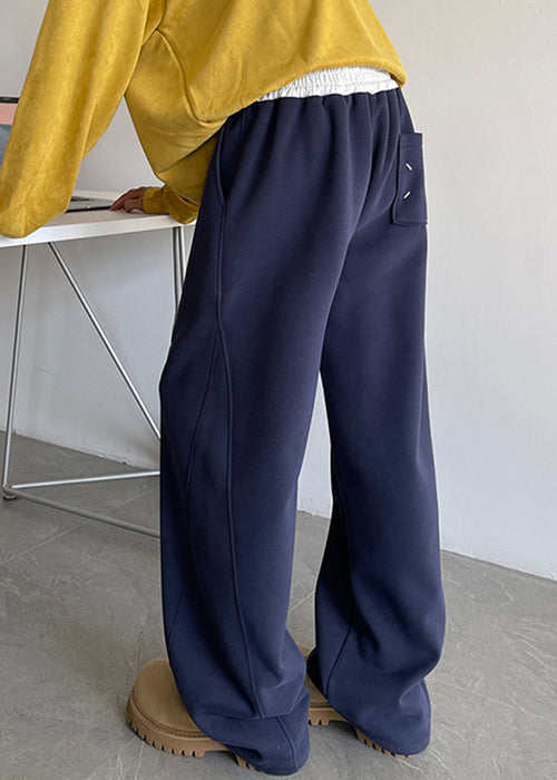 Navy Pockets Drawstring Cotton Pants Spring