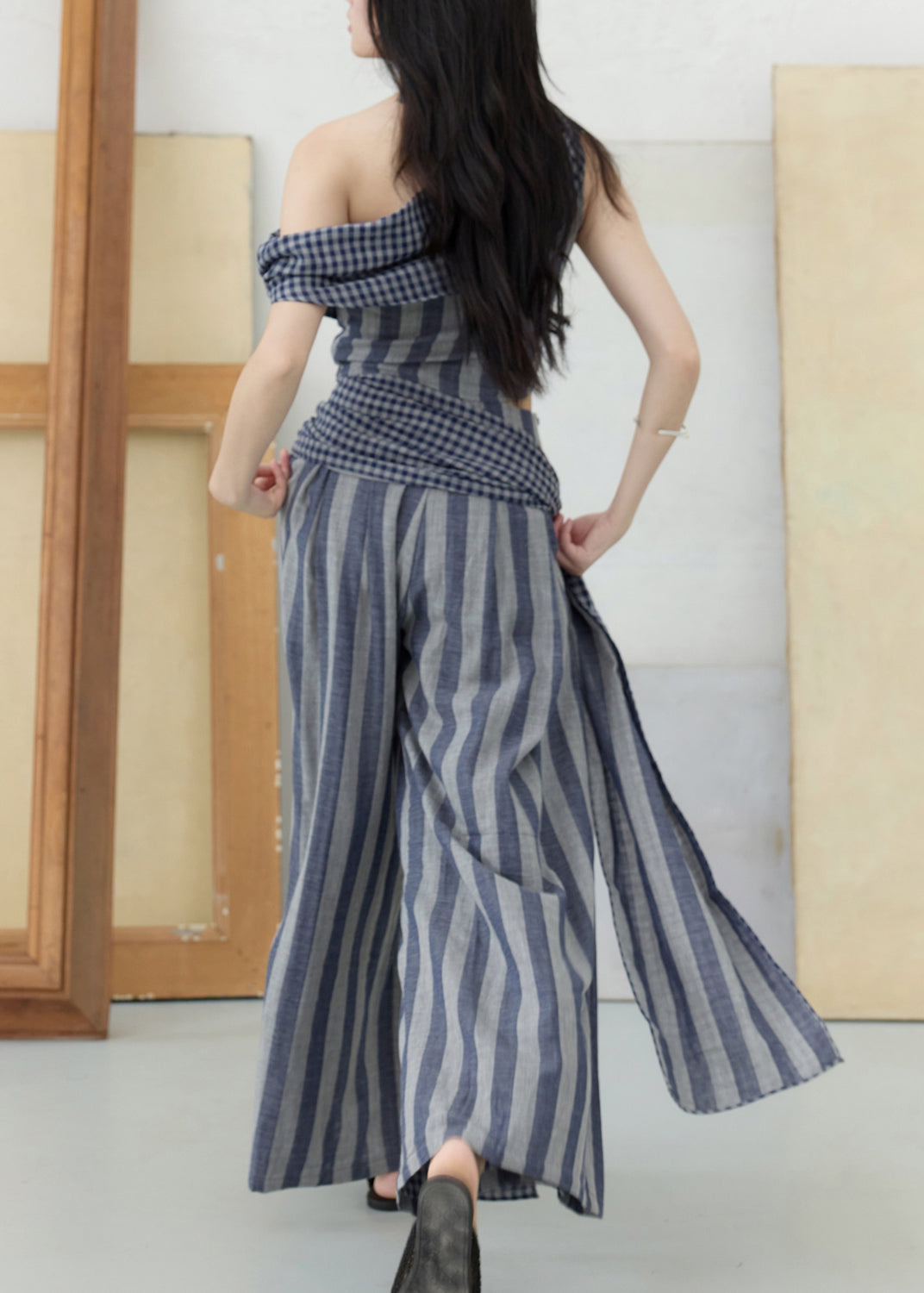One Shoulder Striped Top and Wide Leg Pants Two Pieces Set Summer