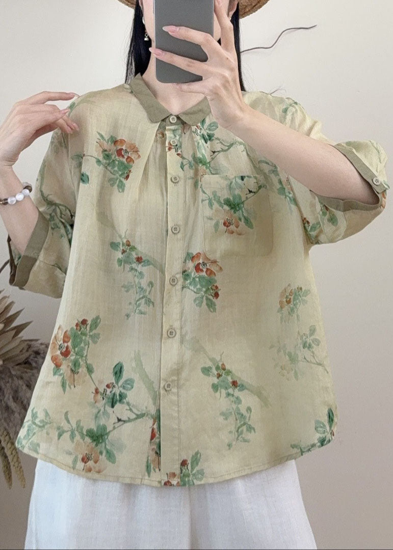 Orange Peter Pan Collar Print Linen Tops Summer