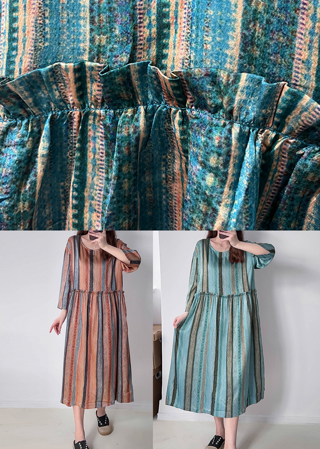 Orange Ruffled Striped Silk Holiday Dress Fall