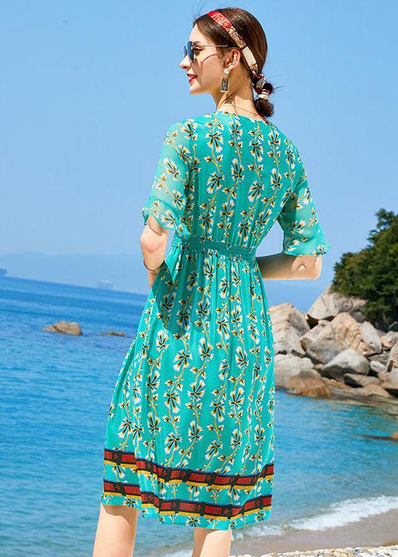 Peacock Green V Neck Print Elastic Waist Silk Dress Short Sleeve