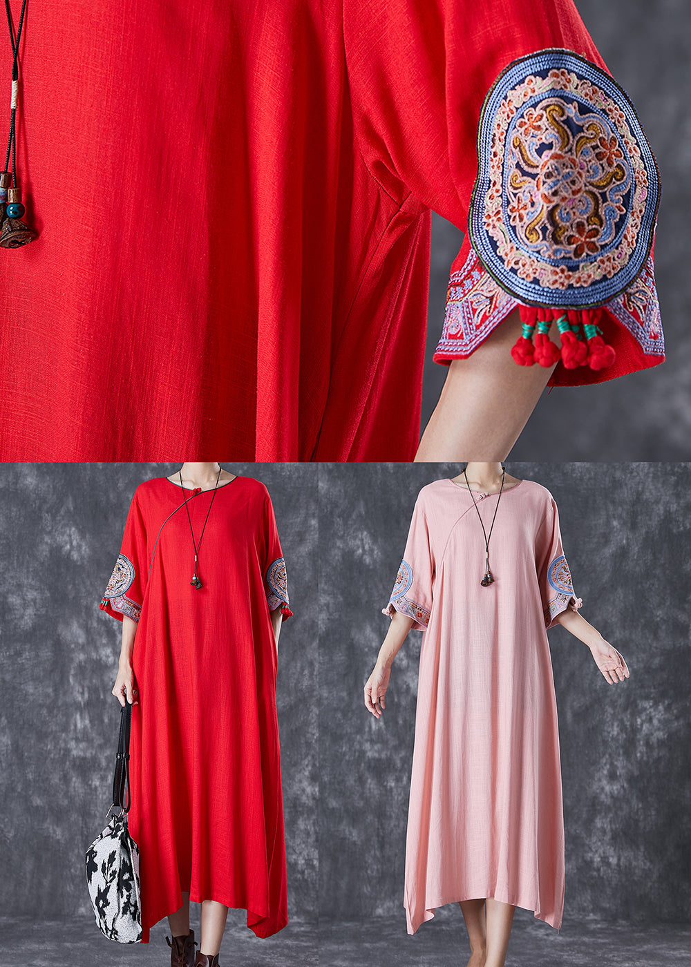 Pink Embroideried Linen a Line Dress Half Sleeve