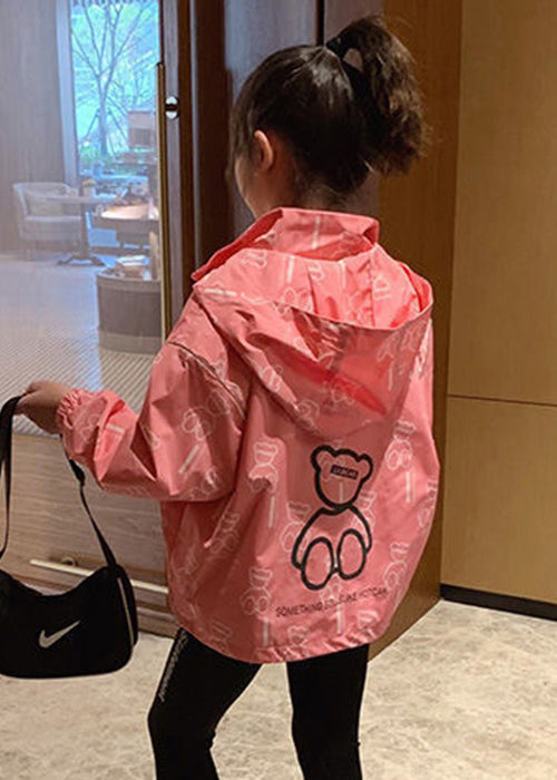 Pink Hooded Print Drawstring Cotton Coats Long Sleeve