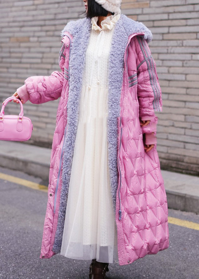 Pink Peter Pan Collar Plaid Fleece Wool Lined Maxi Parka Winter