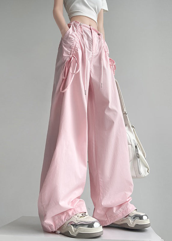 Pink Pockets Drawstring High Waist Cotton Pants Spring