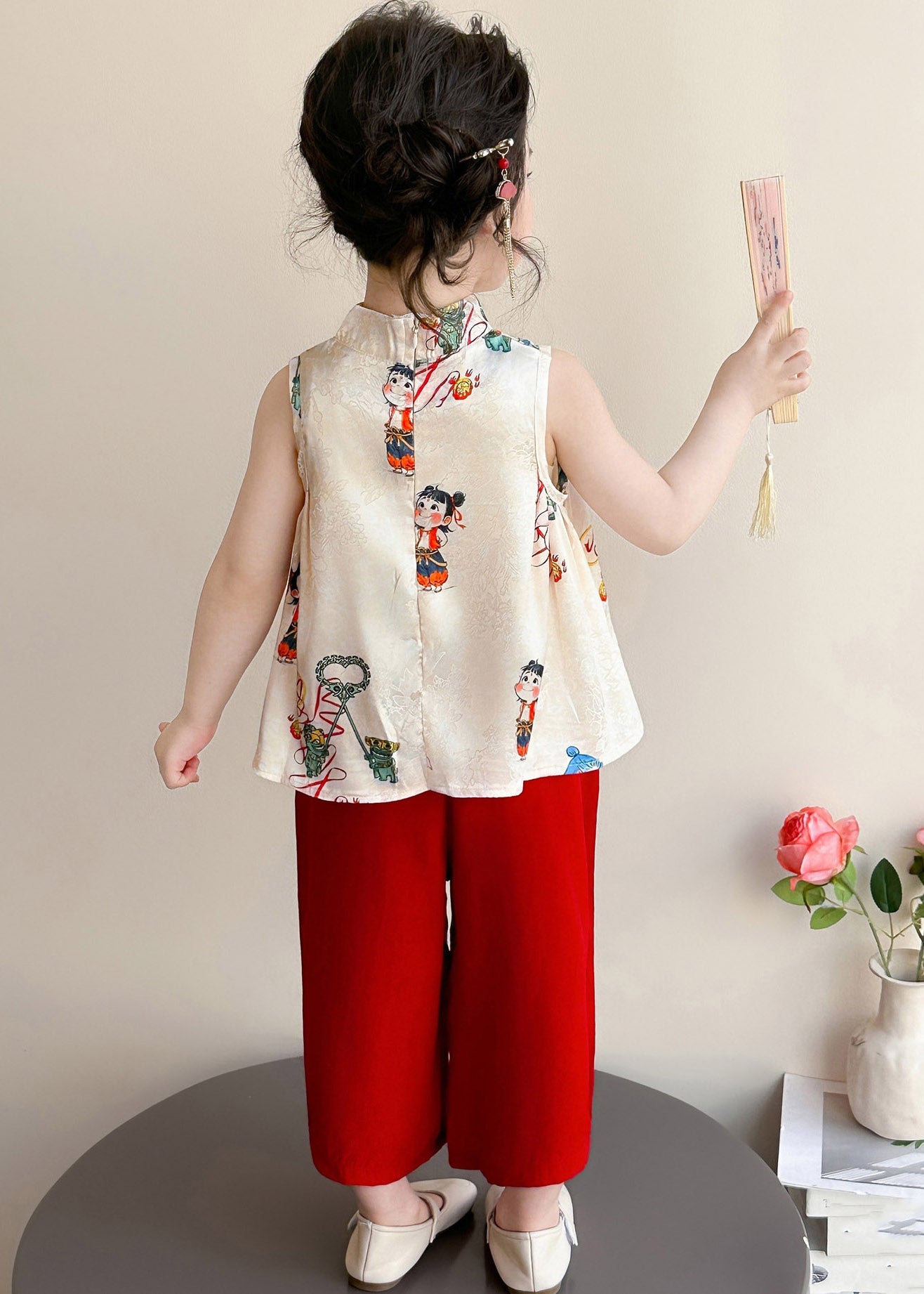 Print Button Vest and Crop Pants Two Piece Set Summer