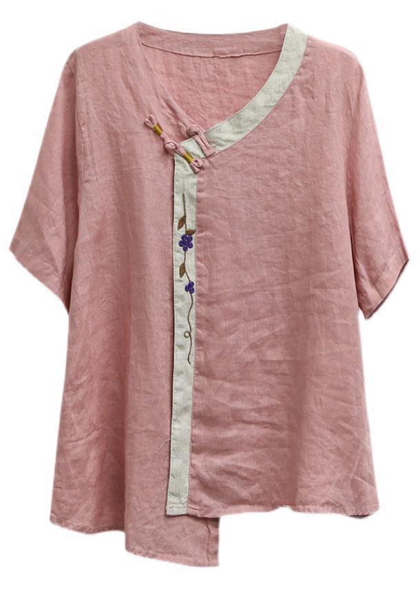 Purple Embroideried Asymmetrical Design Patchwork Summer Linen Blouse Top Short Sleeve