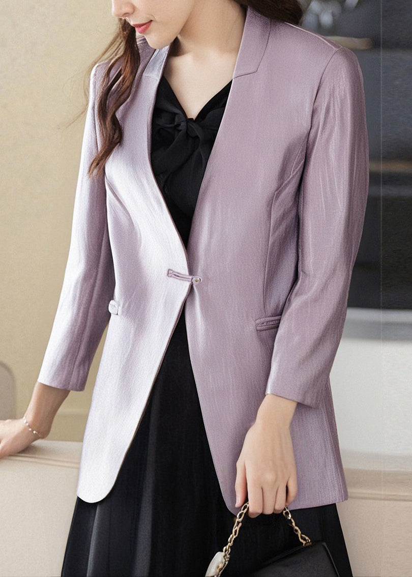 Purple V Neck Button Pockets Cotton Coats Bracelet Sleeve