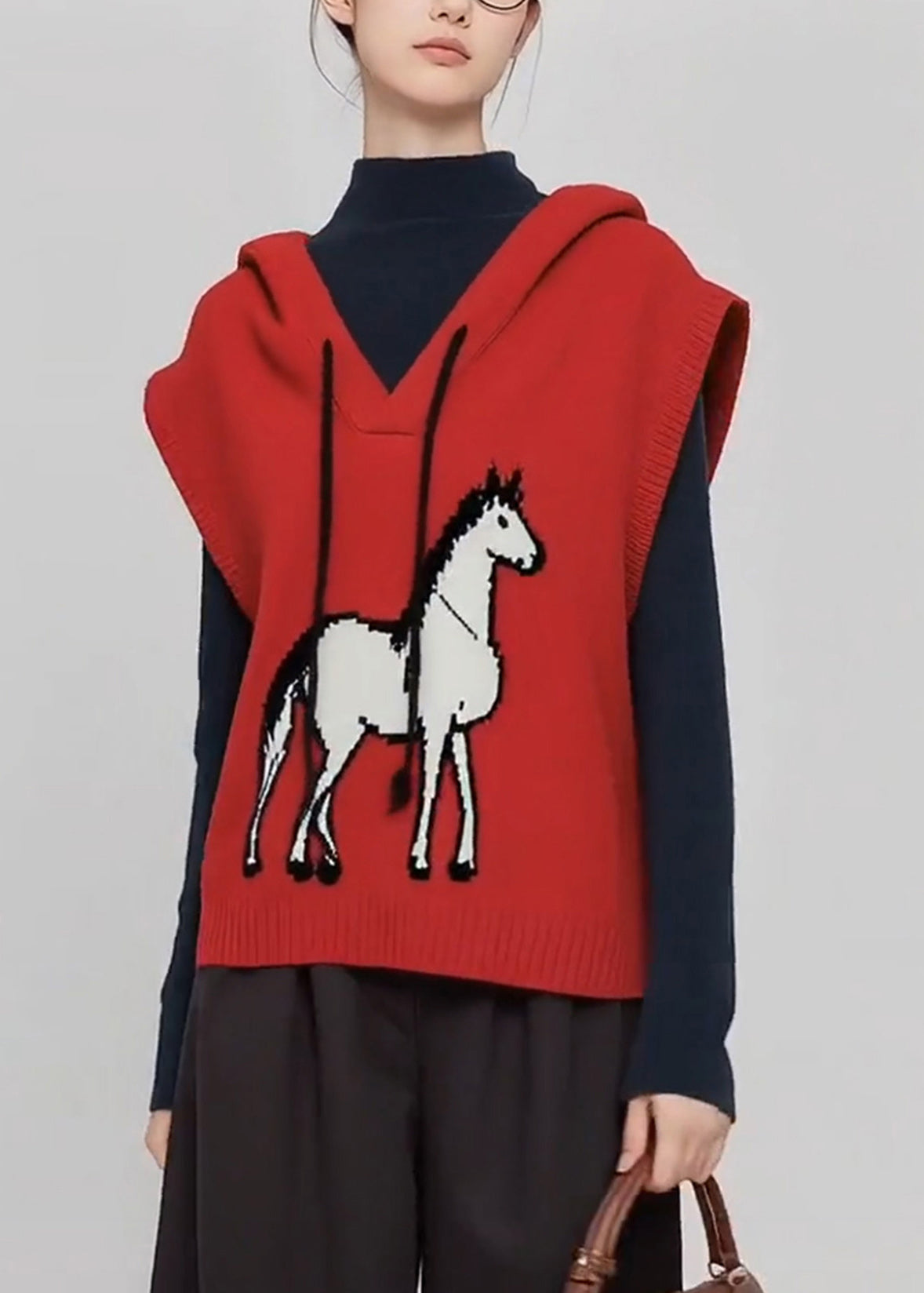 Red Hooded Horse Knit Vests Winter