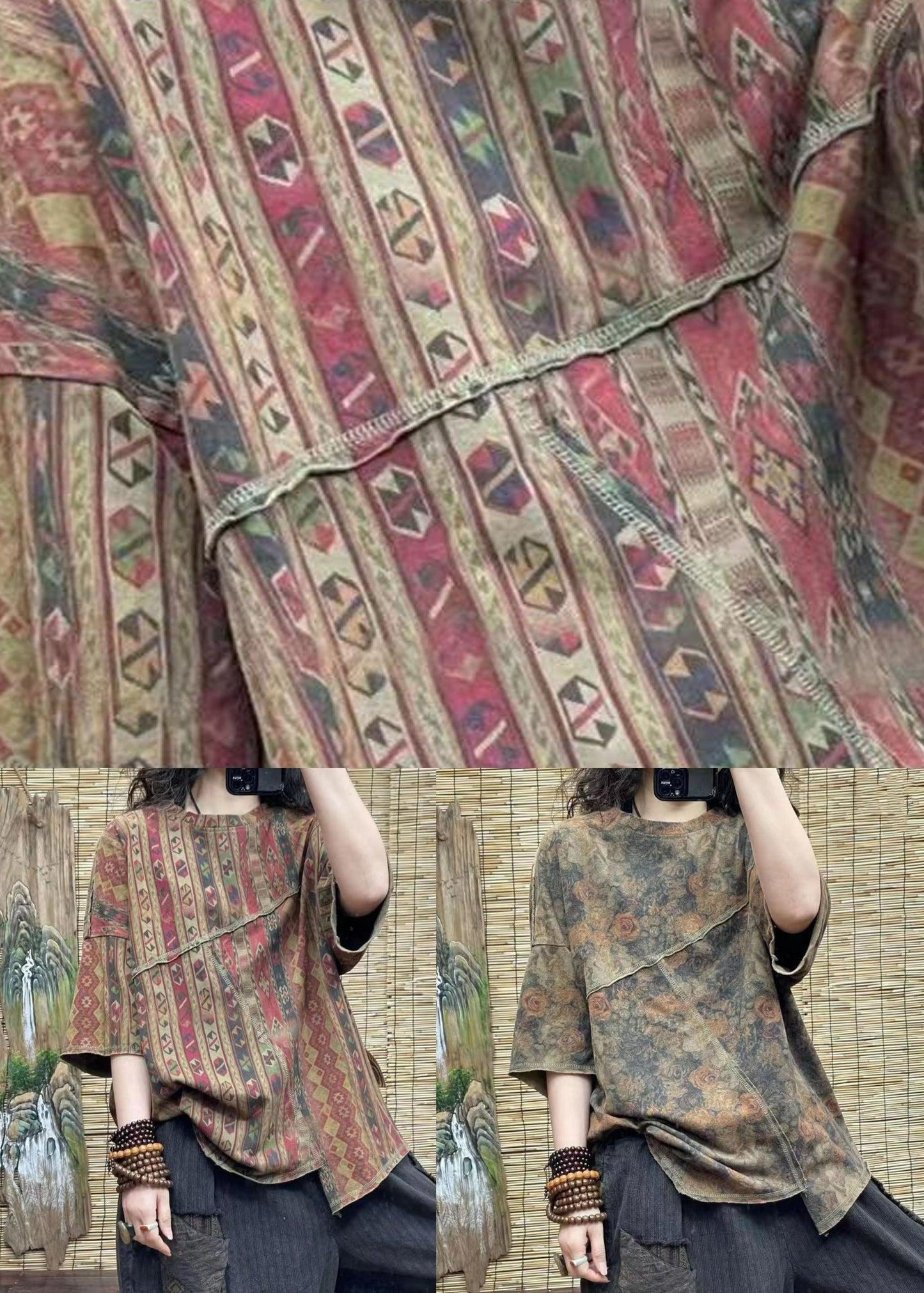Red Print Asymmetrical Patchwork Cotton T Shirt Top Summer