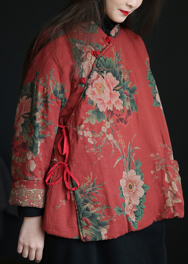 Red Stand Collar Print Button Warm Fleece Cotton Parka Winter