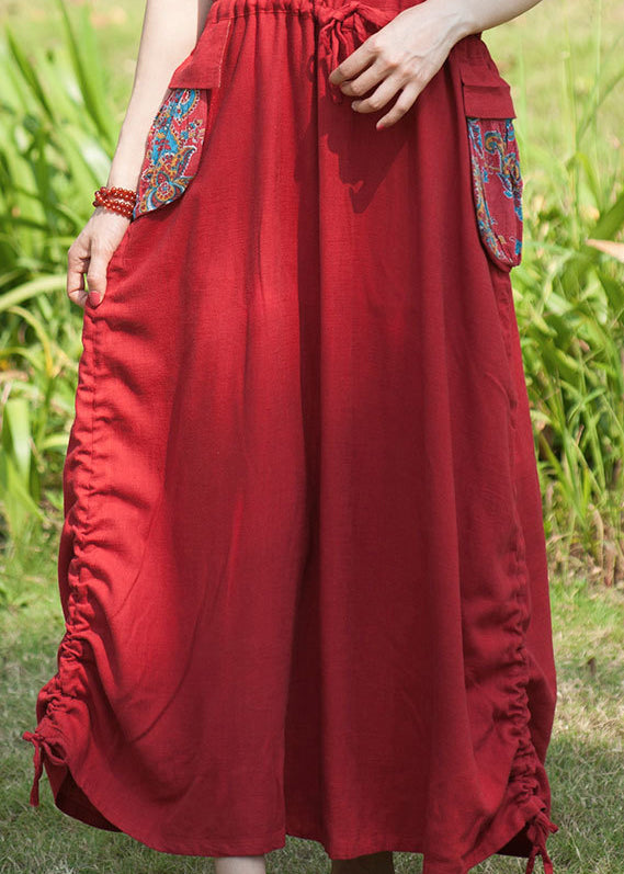 Red V Neck Drawstring Pocket Patchwork Vacation Dresses Sleeveless