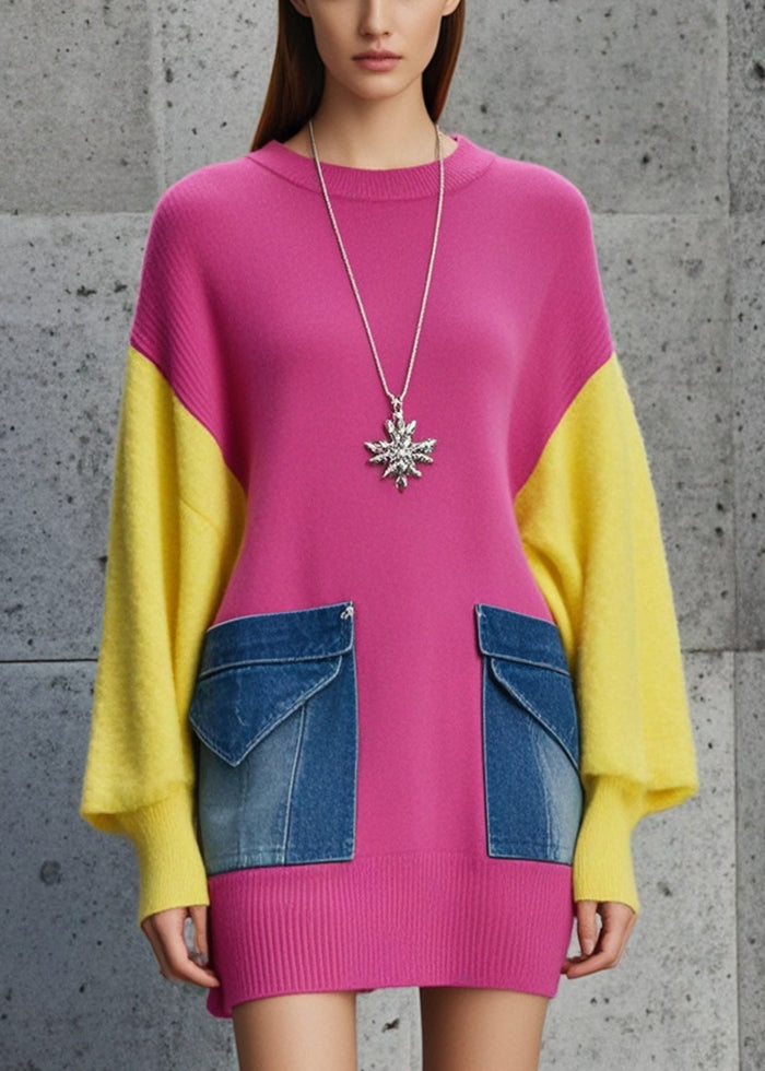 Rose Oversized Patchwork Denim Knit Sweater Fall