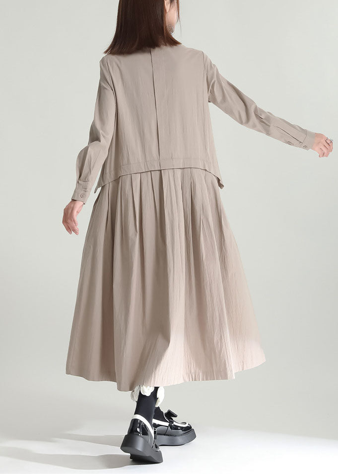Color Stand Collar Patchwork Linen Long Dress Fall