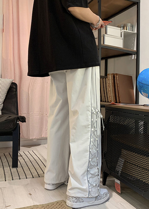 White Pockets Drawstring Cotton Pants Fall